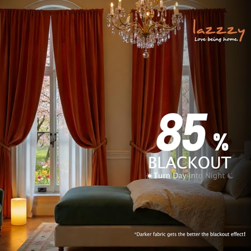 Image of Blackout Rust Red Velvet Curtains Rod Pocket 52x84 Inch 2 Panels | Soft Velvet, For Bedroom & Living Space, Light Shifting Texture, Elegant Luxury Drape, Charming, Rod Pocket