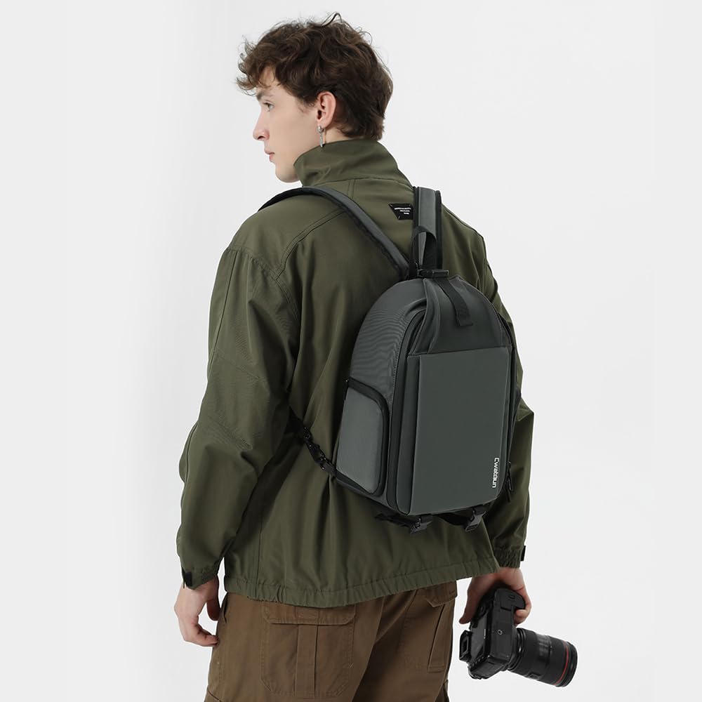 Wodoodporny Plecak na Aparat Cwatcun D107 dla Fotografów, Przestronna Torba na Aparat DSLR z przegrodą Tablet i Uchwytem Statyw, Szara (Khaki)