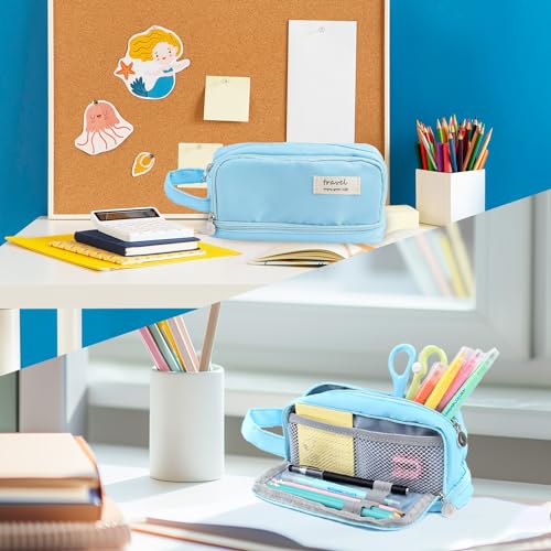 Image of Large Capacity Pencil Case, Pen Bag, Stationery Storage Kit, Multiple Compartments, Office Travel Pouch, Arts and Crafts Supplies Organizer (LIGHT BLUE)