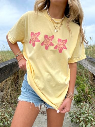 Oversized Graphic Shirt for Teens Girl Y2K Floral Short Sleeve Baggy Tee Shirts Vintage Aesthetic Coastal Tops4