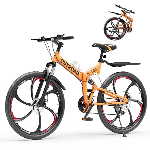 Brightpeak 26' Foldable MTB – 21-Speed Full Suspension, High-Carbon Steel Frame, Dual Disc Brakes & Quick-Release Tires – Adults & Teens (Orange)