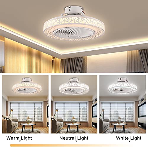 OUKANING Ceiling Fan with Light, LED Remote Control Stepless Dimming 3-Color Lighting Modes Invisible Acrylic Concealed Chandelier Metal Shell Semi Flush Mount Profile Fan (White) - Image 5