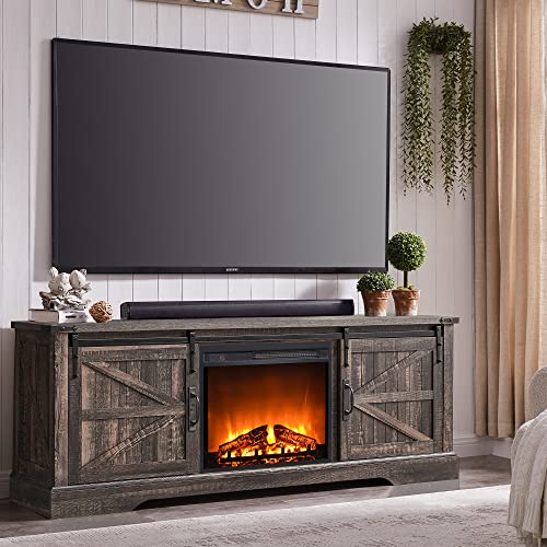Okd Fireplace Tv Stand For 75+ Inch Tv, Farmhouse Entertainment Center With 23" Electric Fireplace And Remote Control, Long Rustic Media Console Cabinet With Sliding Barn Door, Dark Rustic Oak #TOP4