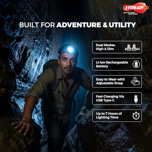 Image of Eveready DL91 Headlamp Pro, Rechargeable 3W LED Headlight Torch, 20000 Lux Power, Telescopic Focus, 7-Hour Lighting Time, Dual Mode, USB Type-C Charging, 90 Tilt, Wearable Without Helmet