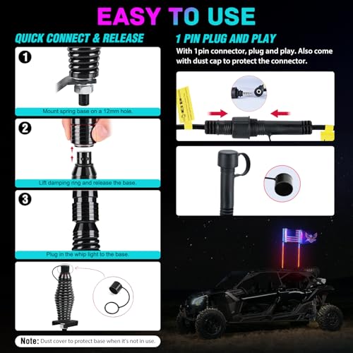 Image of Nilight LED Whip Light 2 PCS 4FT COB RGB Lighted Antenna Whips with Spring Base Remote & App Control DIY Patterns Turn Brake Reverse Lights for Can-am Offroad ATV UTV RZR Polaris Dune Buggy Truck