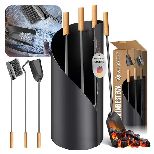 KESSER® Juego de chimenea de 4 piezas - diseño moderno, revestido, juego de chimenea de alta calidad compuesto por 4 piezas: escoba, pala, atizador, soporte mangos de acero inoxidable (Antracita)