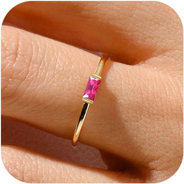 RLMOON Anillos de oro con piedra natal para mujer, anillo apilable de oro que no se deslustra | Delicado anillo de meñique chapado en oro/plata de 14 quilates con circonita cúbica, joyería personalizada, regalo para cumpleaños, tamaño 4-10