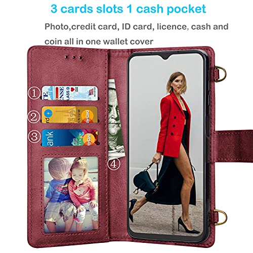 Tekcoo Galaxy A12 / Galaxy A12 5G Wallet Case, Crossbody Shoulder Carrying Purse Cover Rfid Blocking Card Slots Holder Flip Pu Leather Strap [Detachable Magnetic Hard Case] For Samsung A12 [Wine Red] #TOP1
