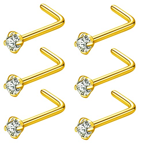 BLESSMYLOVE 6pcs 22g 2.0mm Clear CZ 316L Surgical Steel Gold Nose Rings Studs L-Shape Nose Nostrial Piercing Body Jewerly L Shaped Nose Studs for Women 22 gauge 2.0mm Cubic Zirconia Stainless Steel Nose Rings