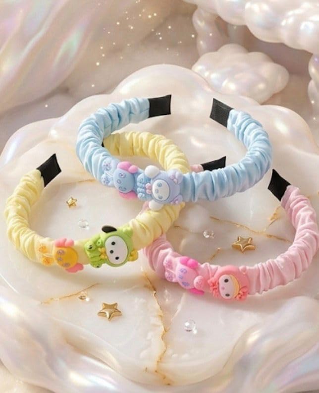 Cute Cartoon Character Ruched Fabric Headbands for Girls, Pastel Color Hair Accessories, Soft Comfortable Hair Bands, Kids Fashion Headwear, Set of 3-image-5