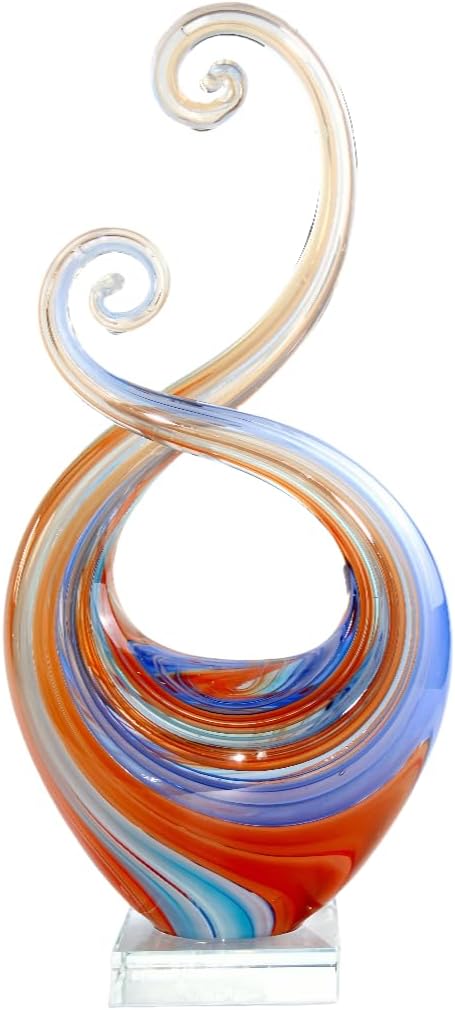 15" Tall Hand Blown Glass Abstract Sculpture with Base | Outdoor-Ready Handcrafted Glass Decor for Patio, Garden, Home & Office Display