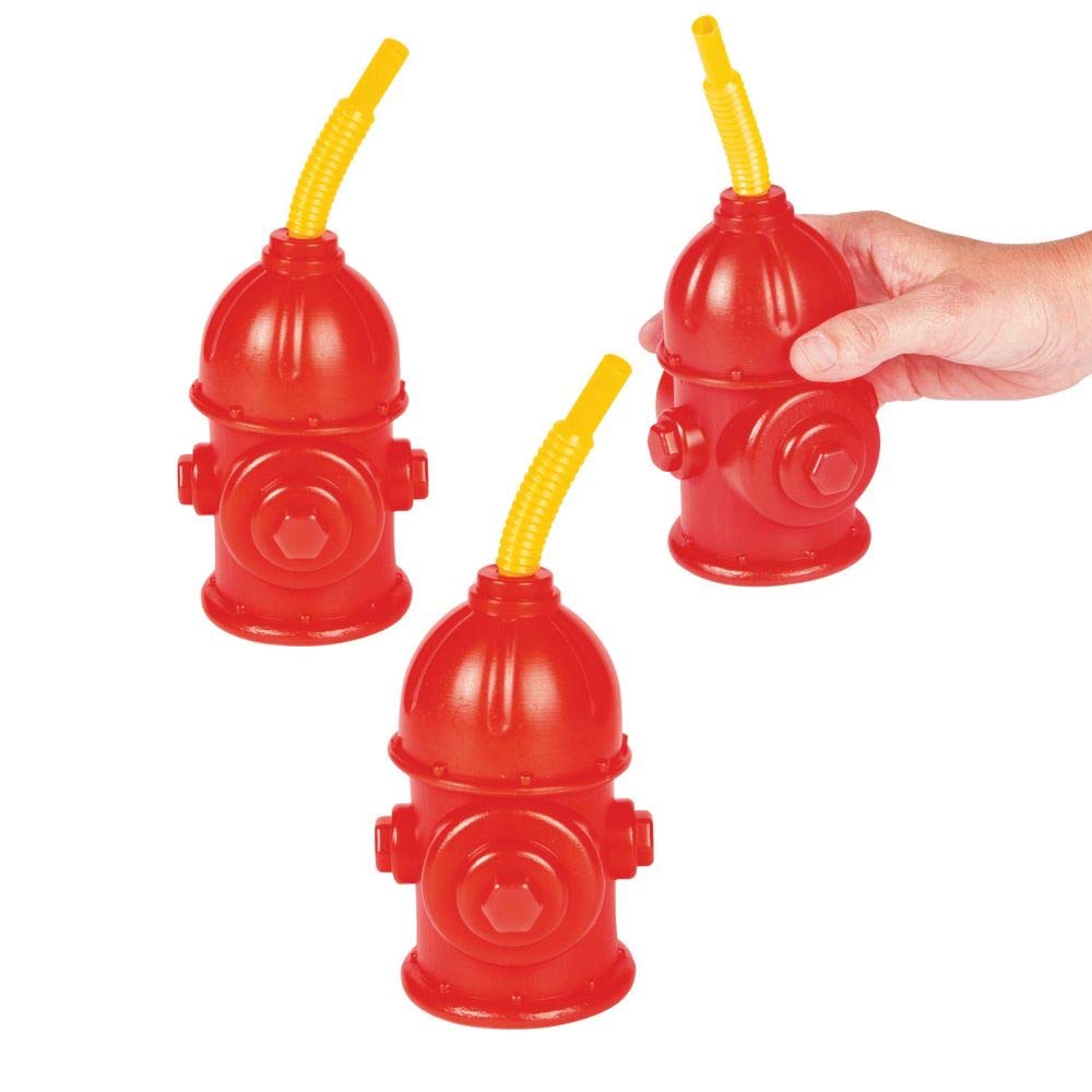 Fun Express Pack of 8 Straw Fire Hydrant Cups with Lids, Reusable 9 oz, BPA Free Plastic, Fire Truck Party Supplies Cups and Firefighter Birthday Party Favors for Kids, Red
