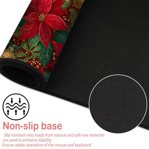 Image of Nuxovilar Professional Large Mouse Pad & Computer Game Mouse Mat (35.4x15.7IN, Christmas Poinsettia & Gold Ornaments) (90 * 40cm Christmas Theme)