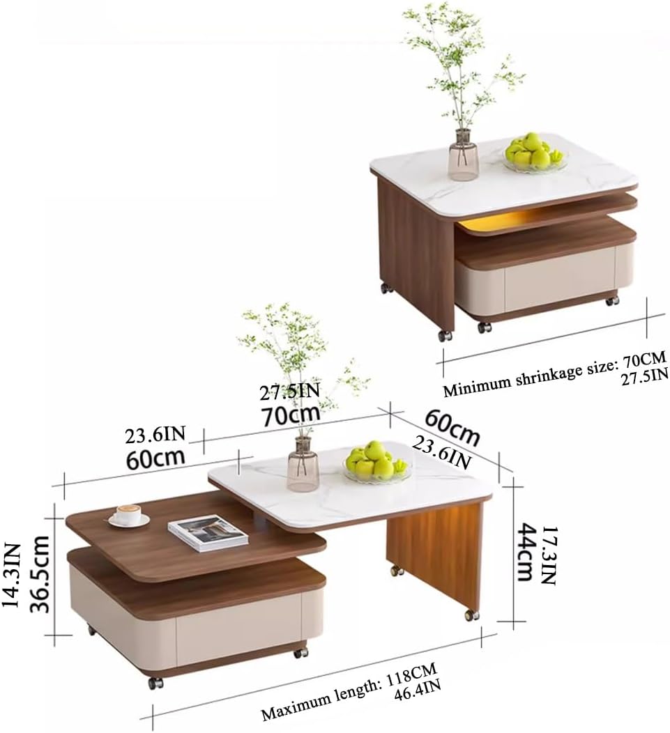 LED Nesting Coffee Tea Table Square Side Table Set of 2 End Tables, Low Center Eating Table for Living Room Bedroom Balcony, Wooden Stacking Couch Accent Coffee Tables with Storage Drawers(Gray,60+70C