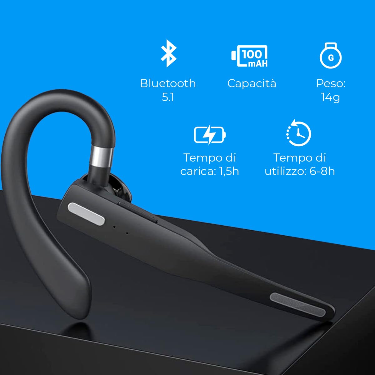 NK Auricolare Bluetooth Singolo Cuffie Bluetooth V5.1 con Microfono e Cancellazione del Rumore, Connessione a Doppio Dispositivo per iPhone, Android e PC - Include Custodia per il Trasporto