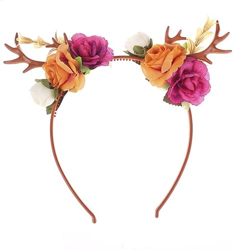 Miniatura 4 de Wiwpar Diadema con cuernos para el cabello, aro de corona de flores, diadema floral, diadema para festivales de Navidad, lindos ciervos, accesorios