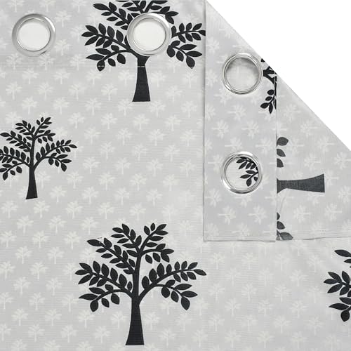 Image of Printed Tree 2 Piece Polyester Home & Living Room Eyelet Door Curtain - 7 Feet, Grey