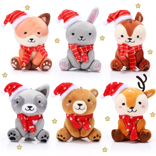 Aoriher 6 Mini Animales de Peluche de Bosque de Navidad Juguetes de Peluches de Animales de Selva 10 cm Peluches Bonitos de Oso Conejo Ardilla Mapache para Cumpleaños Regalos Rellenos Calcetín Fiesta