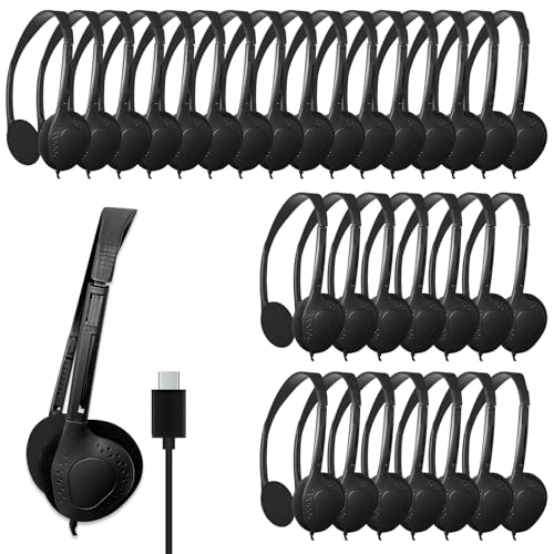 WAHUWAY USB-C Headphones Bulk, 30-Pack Suitable for Classroom, School, Children, and Teenagers, USB Type-C Headphones Compatible with Pad and Smartphones (Black)
