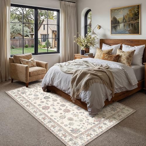PureCozy Vintage Teppich Wohnzimmer 160x230cm Beige Waschbar Teppiche Rug – Ansicht 3