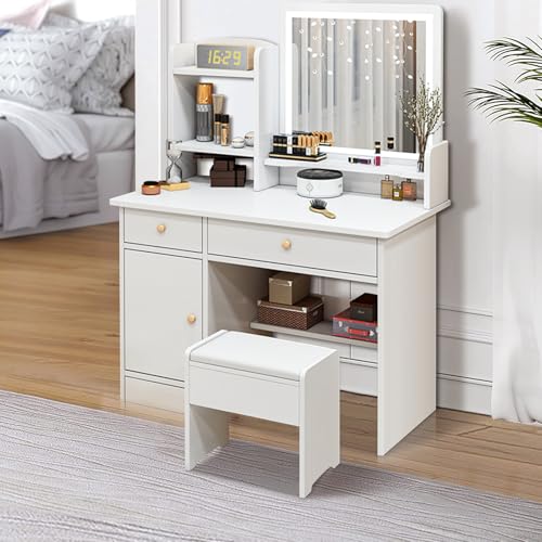 Catálogo de Juegos de tocador - 5 favoritos. 47 KALAKO Vanity con Espejo LED gabinete Tocador de Maquillaje con 2 cajones y 1 gabinetes de Almacenamiento con Taburete Blando Tocador para Recamara para Dormitorio luz Ajustable...