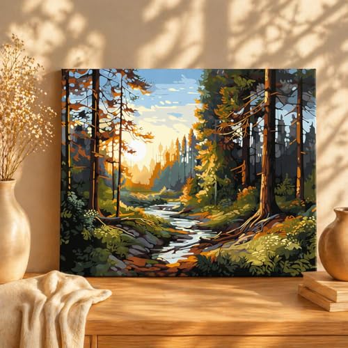 Image of Art Therapy Pcn20 Linen Canvas DIY Paint by Numbers Kit 15 x 20 Inch for Adults and Kids with 2 Set of Acrylic Oil Painting Colors with Brushes for Stress Relief, Relaxation, Focus & Home Decoration (Woods)