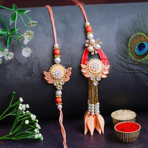 Image of Bhai Bhabhi Rakhi Set - Peacock Designer Rakhi with Stone & Pearl Work Lumba with Tassel for Bhabhi | Raksha Bandhan Gift