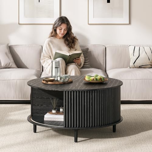 Image of JOINICE 31.5 inch Round Coffee Table with Storage for Living Room, Black