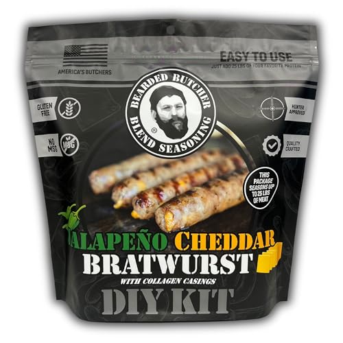 Bearded Butchers Jalapeño Cheddar Bratwurst DIY Kit - Make Spicy, Savory Brats at Home! Includes Bratwurst Seasoning, 32mm Collagen Casings, Jalapeño Flakes and Powder, and High-Temp Cheddar Cheese for Up to 25 lbs of Pork, Beef, Venison, and More