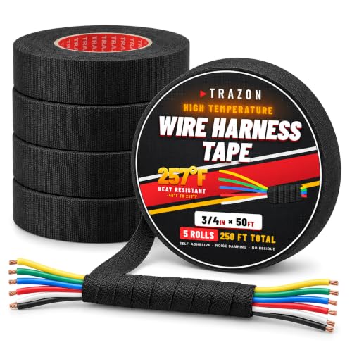Wire Harness Tape 5 Pack 3/4' x 50Ft (250Ft Total) - High Temperature Cloth Electrical Tape, OEM Automotive Fabric Tape, Self-Adhesive Wiring Loom Wrap, Heat Resistant, No Residue for Car, Marine, RV