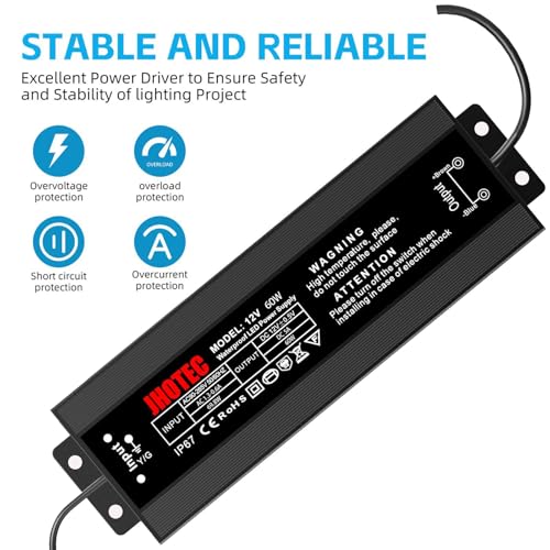 Image of LED Driver 60W, Waterproof IP67 Power Supply AC110-265V to 12V DC 5A Low Voltage Transformer Ultra Thin Adapter,with UL 3-Prong Plug for Outdoor LED Lights, Computer Project,Water Pump etc