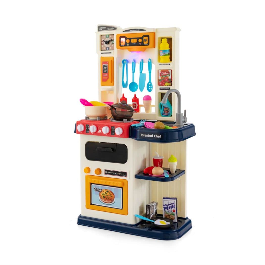 COSTWAY Kids Kitchen Playset, Toddler Pretend Play Toy Set with 65 Pcs Accessories, Realistic Lights & Sounds, Sink, Steam Simulation, Indoor Cooking Play Kitchen for Children (Blue)