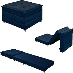 Puff Dobrável 3 em 1 Que Se Transforma em Cama Solteiro Versátil Confortável Com Rodinhas E Bau (Azul)