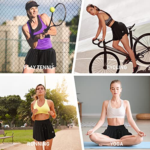 High Waisted 2 In 1 Flowy Butterfly Running Shorts, Women Athletic Shorts With Pockets Gym Yoga Tennis Shorts Teen Girls-(Black,S) #TOP6
