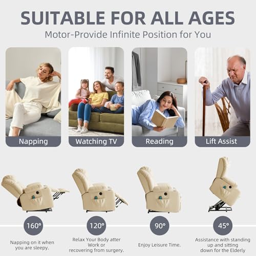 Power Lift Recliner Chair for Elderly, Electric Recliner Chairs for Adults with Massage and Heat, Cup Holders, Remote Control, USB Ports, Side Pockets, Leather (Cream) - Image 4