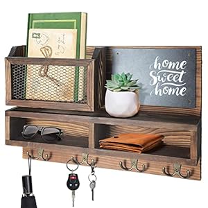 Key Holder for Wall, Mail Organizer Wall Mount with Key Hooks and Wallet Holder, Sunglasses Storage and Dog Leash Hanger, Decorative with 4 Double Hooks and Chalkboard