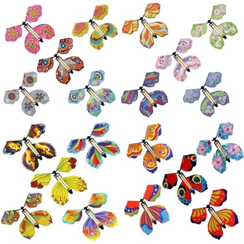 Schmetterling Aufziehspielzeug Set - Sensorische fliegende Schmetterlingskarten 20 Stück bunte Gartendekoration Gummiband angetrieben 10 x 10 cm Kunststoff & Papier Schmetterlinge für Partys