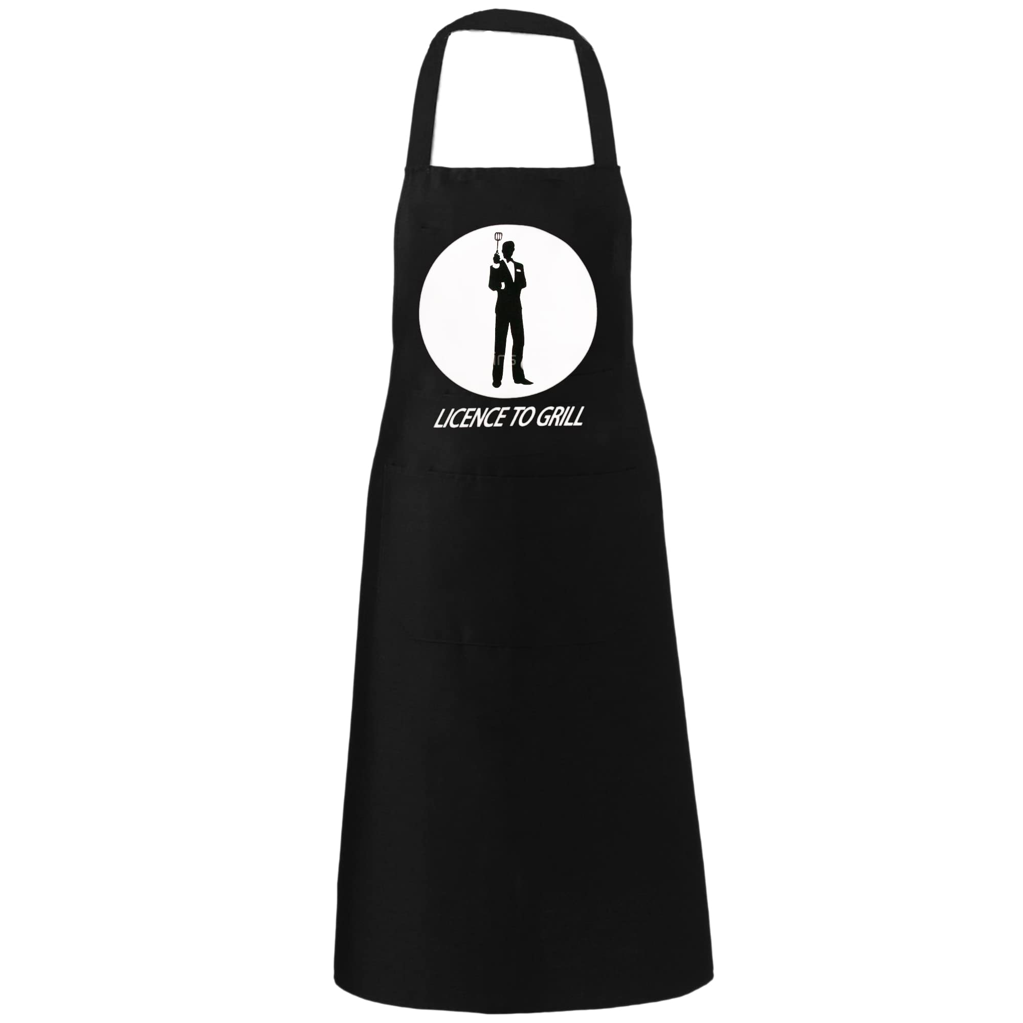 MyShoeStore Unisex Adult Novelty Apron Mens Ladies Womens Chefs Butcher Kitchen Catering Everyday Use Aprons with Pocket Ideal Fantastic Gift(License To Grill (James Bond 007) Black)