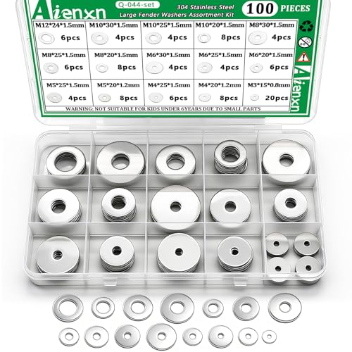 Aienxn 100PCS 304 Stainless Steel Fender Washer Assortment Kit, Washers for Bolts, 15 Metric Sizes Fender Washers for Screws -M3, M4, M5, M6, M8, M10, M12 for Home & Industrial Usage