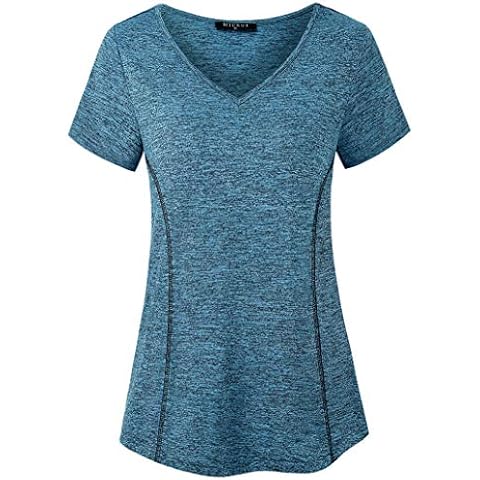 KORALHY Yoga Tops for Women Short Sleeve V Neck Quick-Dry Workout Sports Athletic Running Shirts, Blue, L Cover