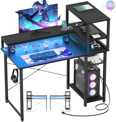 Cyclysio Gaming Desk 39″, Computer Desk with Reversible Storage Shelves, Home Office Desk with Power Outlets & RGB Led Lights, Small Desk for Gaming, Studying, Working Black