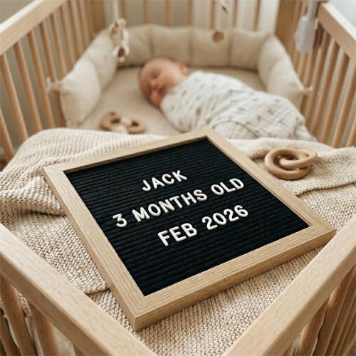 Image of Letter Board by Crystal Lemon, Felt Letter Board, 10x10 inches, Changeable Wooden Message Board Sign, Wood Frame, Wall Mount, with Display Stand (Black) by C Crystal Lemon | Pregnancy milestone display with wooden frame, wall mount or stand for nursery photos and keepsake moments