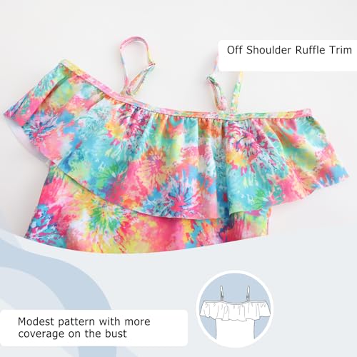 Image of Girls One Piece Swimsuits Off Shoulder Bathing Suit Kids Hawaiian Floral Swimwear 3-16 Years