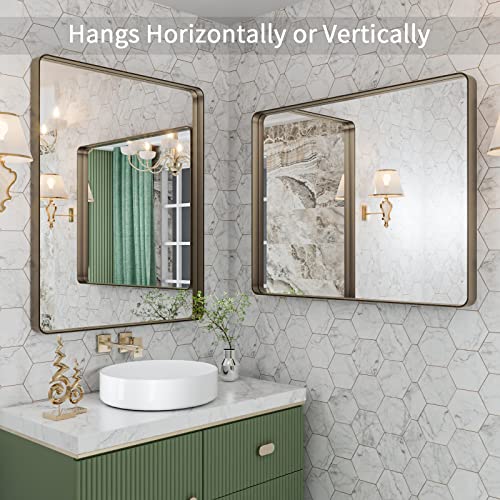LOAAO 28”X36” Bronze Bathroom Mirrors for Vanity, Rounded Rectangle Brushed Bronze Metal Frame Mirror, Anti-Rust, Hangs Horizontally or Vertically