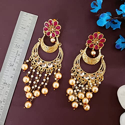 Efulgenz Indian Earrings for Women Chandelier Indian Jewelry Bollywood Antique Floral Crystal Kundan Beaded Faux Pearl Tassel Big Dangle Chandelier Long Earrings Set2