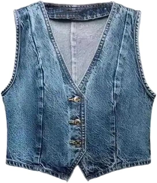 Women's Vintage Denim Vest Single Breasted V-Neck Sleeveless Jacket Washed Distressed Waistcoat Summer Short Coat