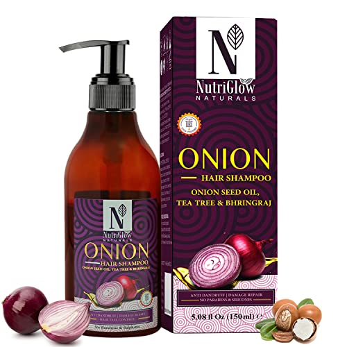 NutriGlow Natural's Onion Hair Shampoo With Bhringraj & Tea Tree Oil For Hair Re-growth & Scalp Nourishment, Shiny Long Healthy Hair, No paraben & Sulphate (5.07 Fl Oz, 150 ml)