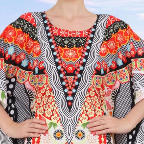 Image of Miss Lavish London Black Kaftan Dresses for Women V Neck Batwing Sleeve Beach Vacation Bikini Swimsuit Cover Ups, Ethnic Print Plus Size with Side Slits & Pockets, Resort Wear Cruise Coverup-Black-M