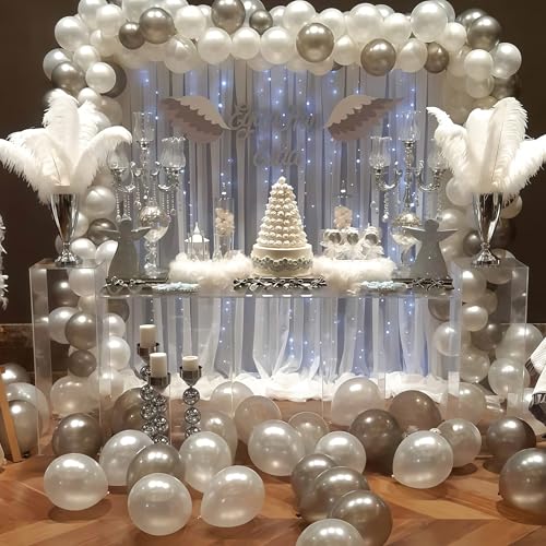 Image of Pearl White Winter Wonderland Balloons, 12 Inch Pearl Sand White and Metallic Silver Snowflakes Balloons for Ice Snow Wonderland Wedding Baby Shower Birthday Christmas New Year's Party Decorations