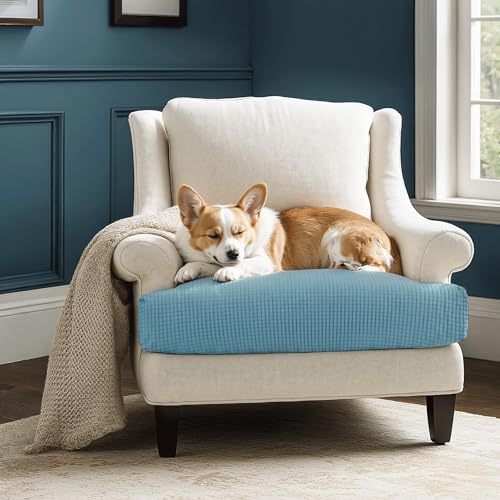 Image of CHUN YI Stretch Couch Cushion Cover, Fitted Loveseat Sofa Chair Seat Slipcover Furniture Protector, Checks Spandex Jacquard Fabric(Small,Smoky Blue)
